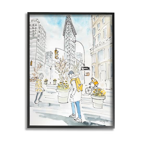 Stupell Industries City People Walking Urban Architecture Watercolor in Black Frame Wall Art